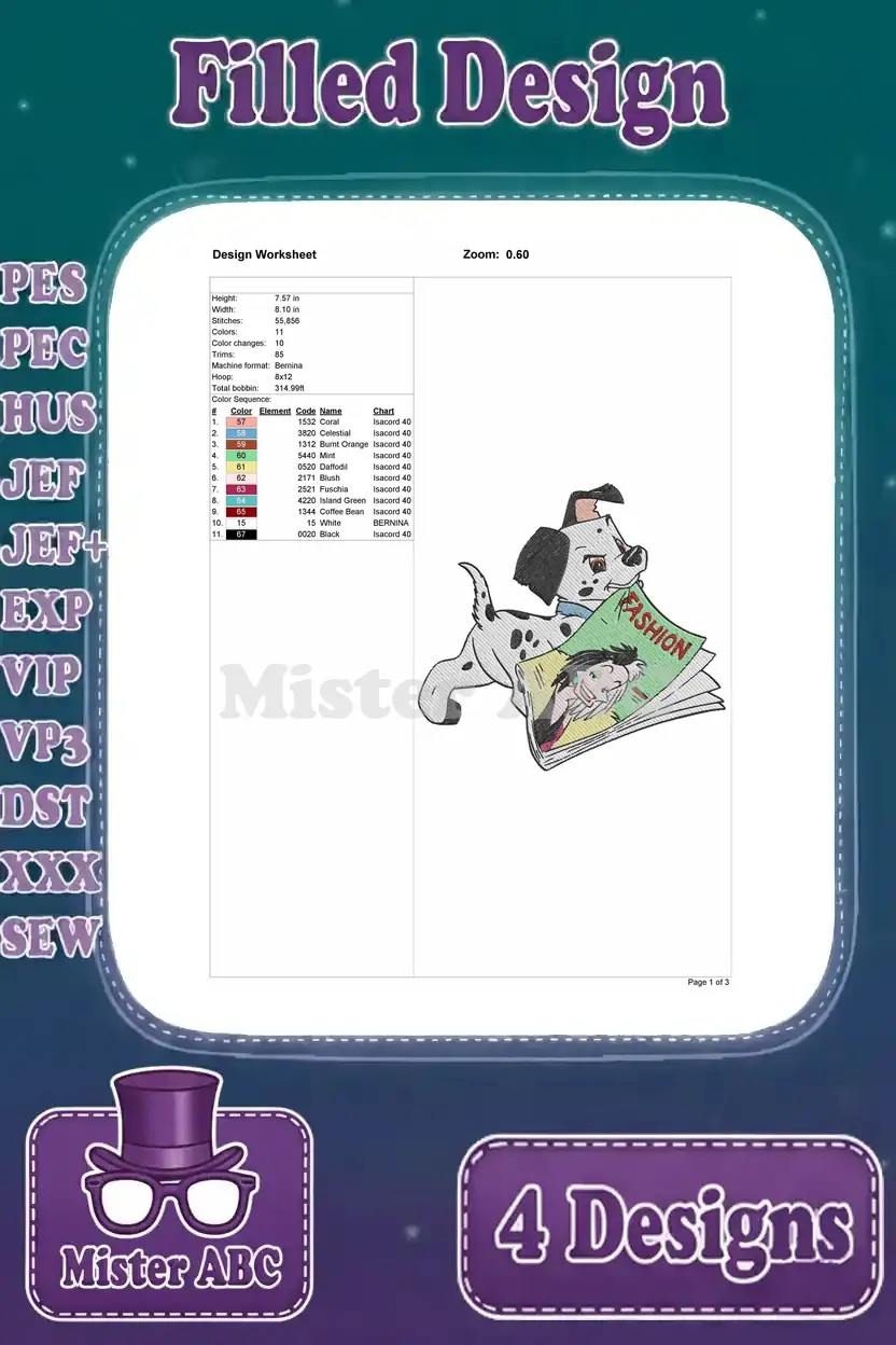 Design worksheet for the Dalmatian puppy reading a magazine embroidery, detailing thread colors, stitch count, and dimensions.