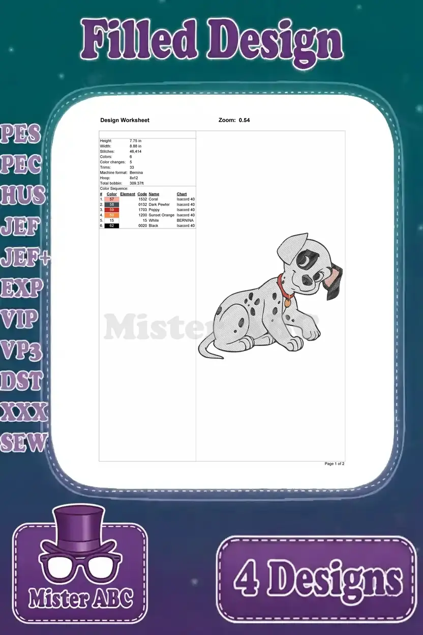 Detailed design worksheet for the first Dalmatian puppy embroidery, showing stitch count, size, and color sequence.