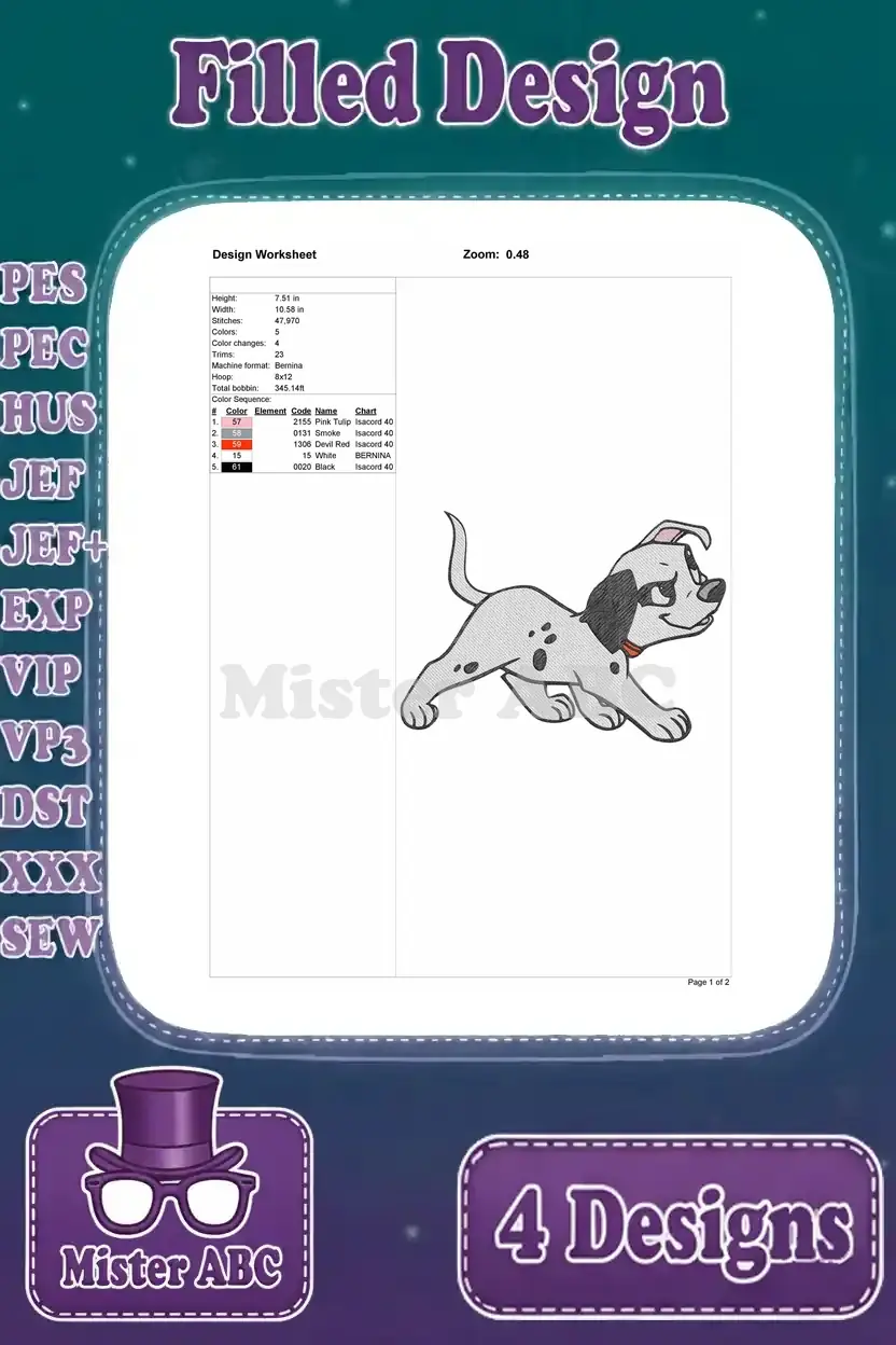 Detailed design worksheet for the second Dalmatian puppy embroidery, showing stitch count, size, and color sequence.