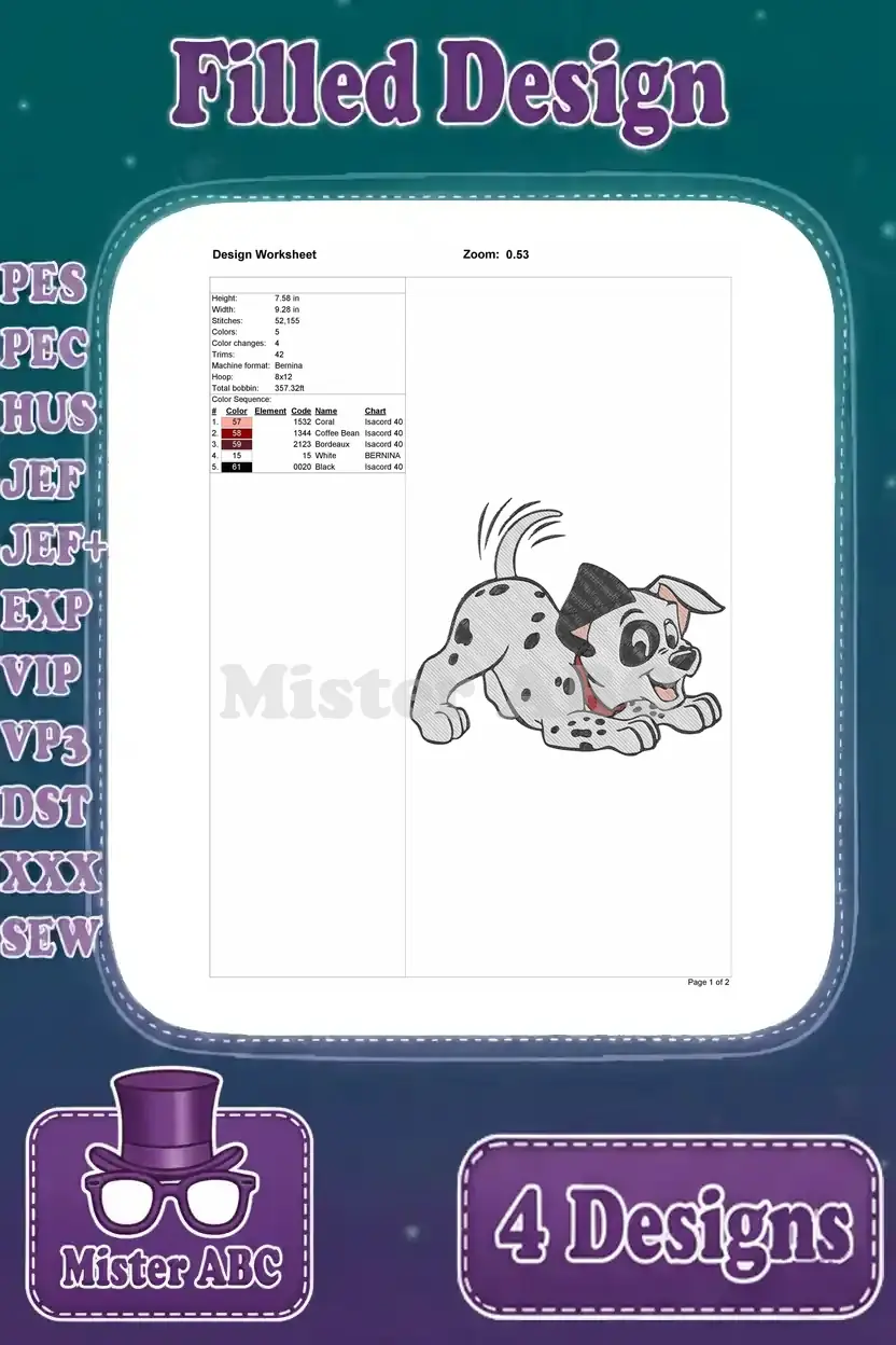 Detailed design worksheet for the third Dalmatian puppy embroidery, showing stitch count, size, and color sequence.