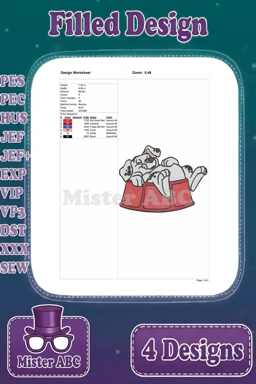 Design worksheet for the first Dalmatian puppy embroidery, showing stitch count, colors, and dimensions for a relaxed pose.