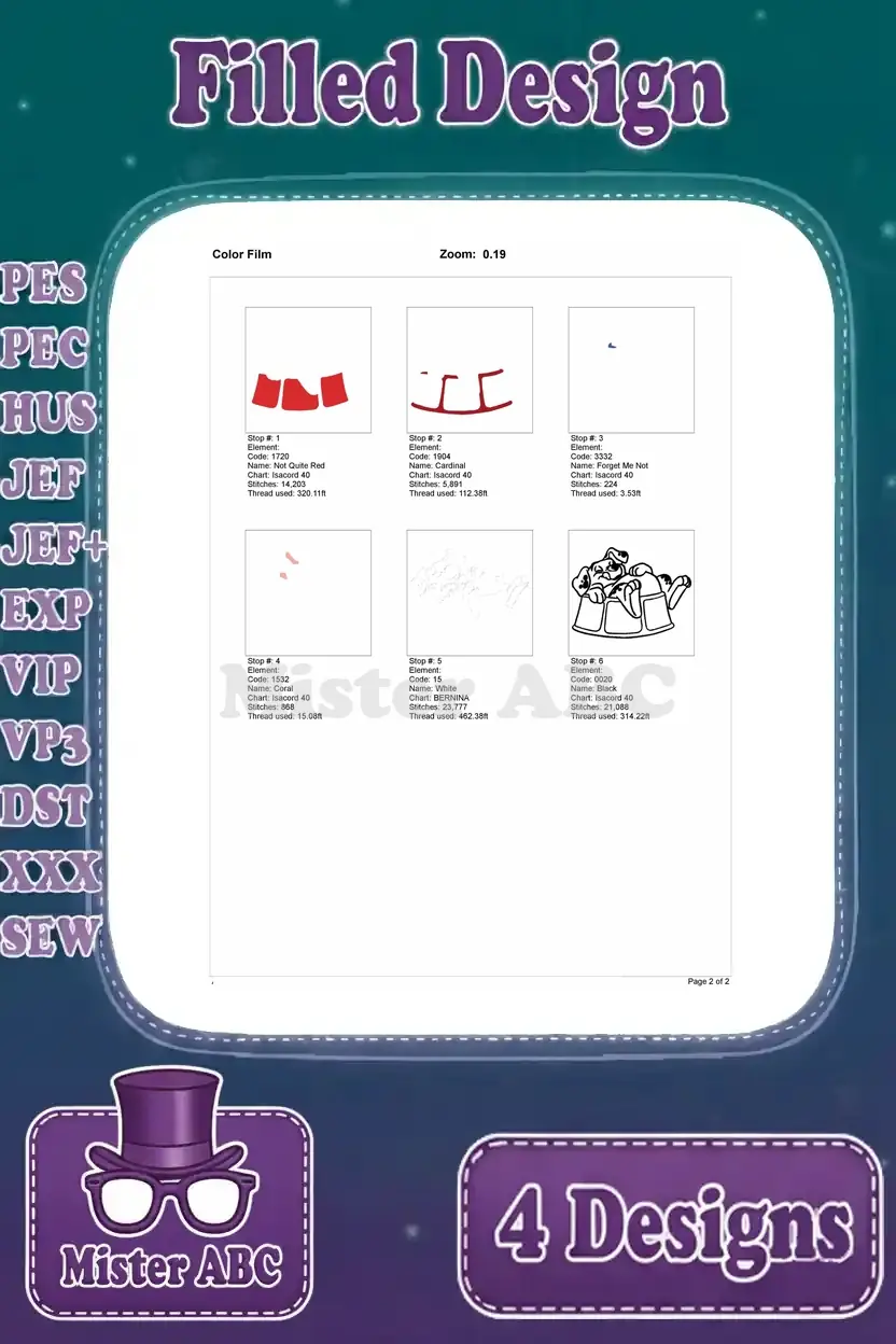Color film view for the first Dalmatian puppy embroidery design, showing stitch sequences for each color step.