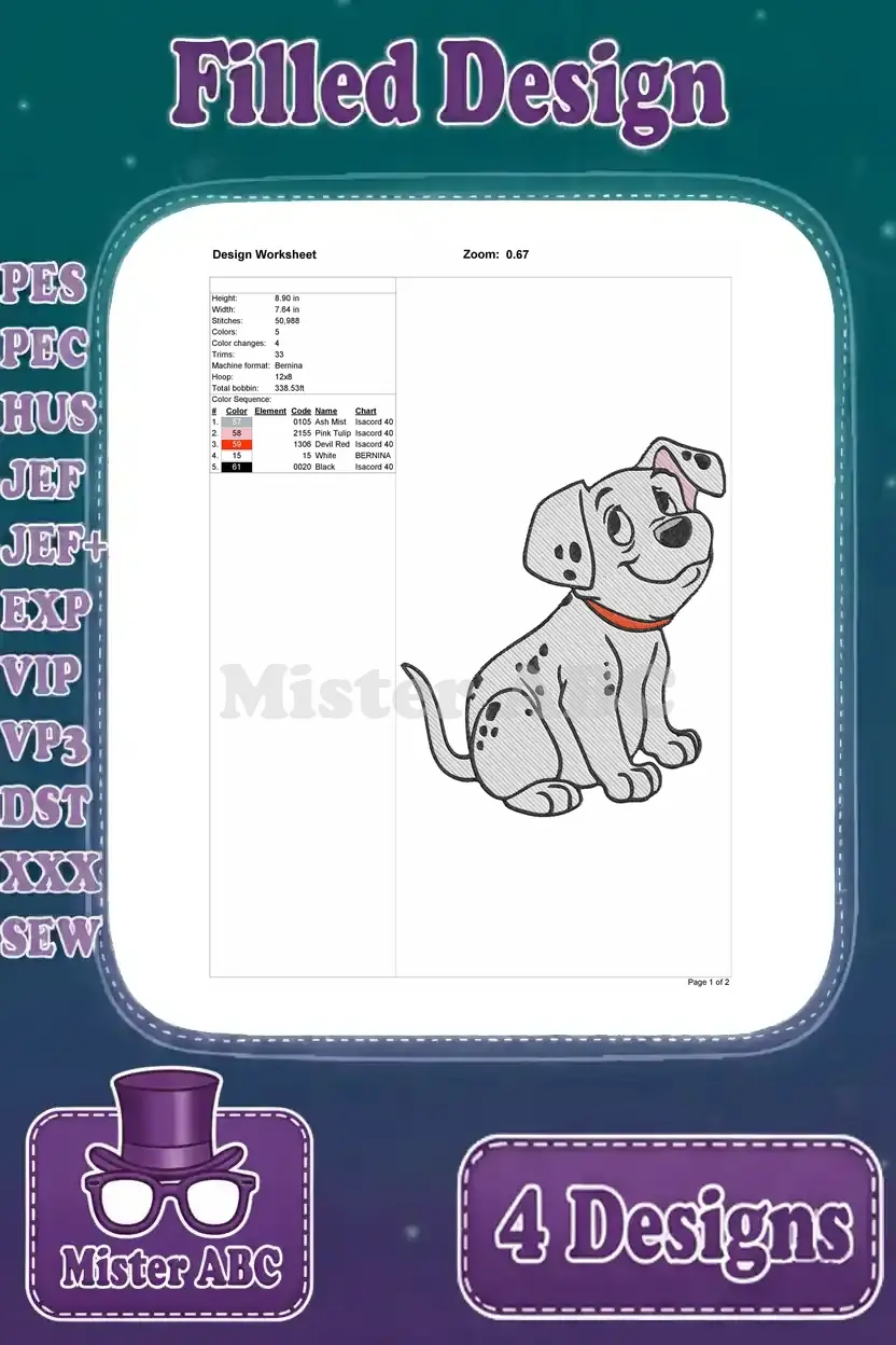 Design worksheet for the second Dalmatian puppy embroidery, detailing stitch count, colors, and dimensions for a sitting pose.