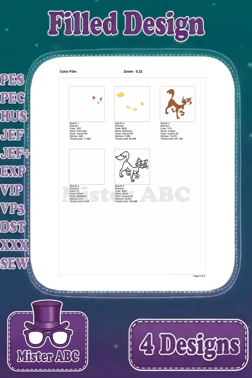 Color film view for the first Tom Cat embroidery design, showing stitch sequences for each color step.
