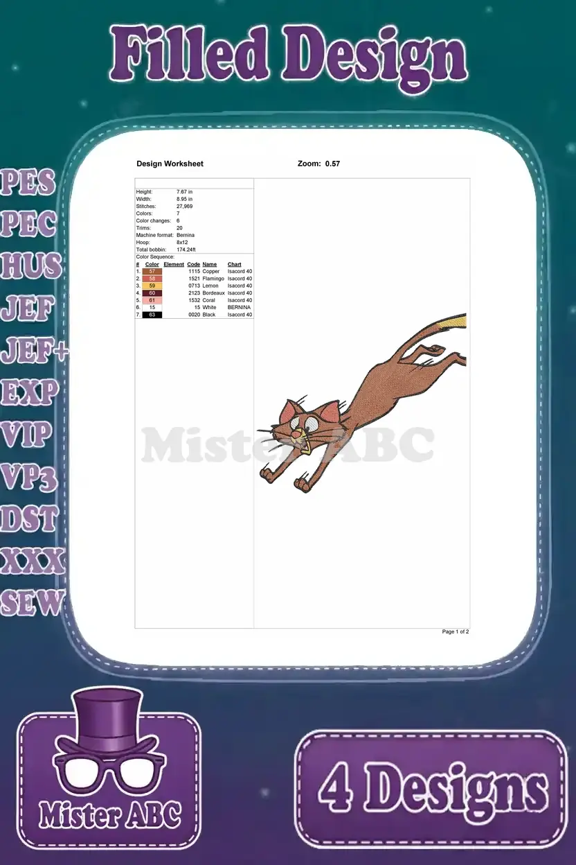 Design worksheet for the second Tom Cat embroidery, detailing stitch count, colors, and dimensions for the running pose.