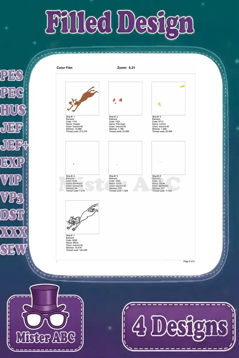 Color film for the second Tom Cat embroidery design, illustrating the stitch order for each color.