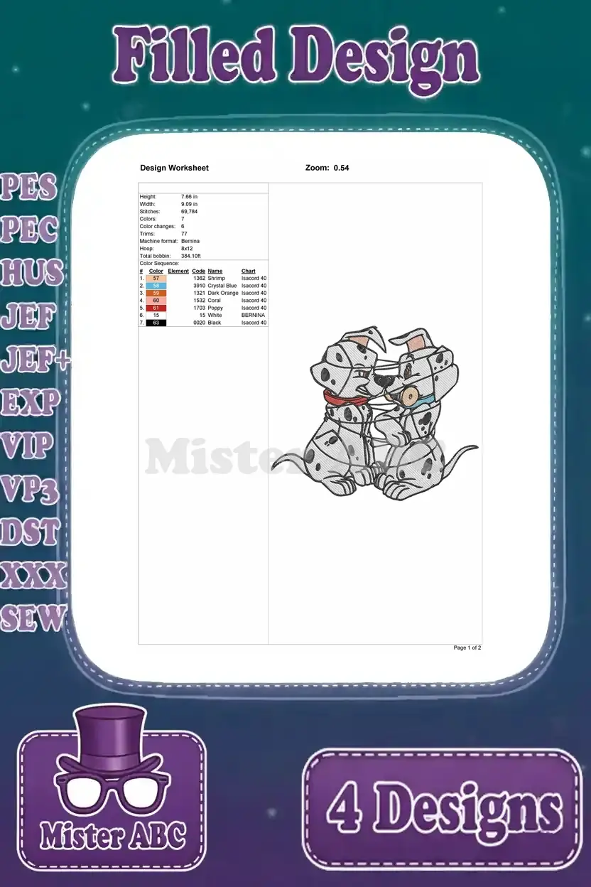 Design worksheet for the first Dalmatian puppy embroidery design, detailing size, stitches, and color sequence.