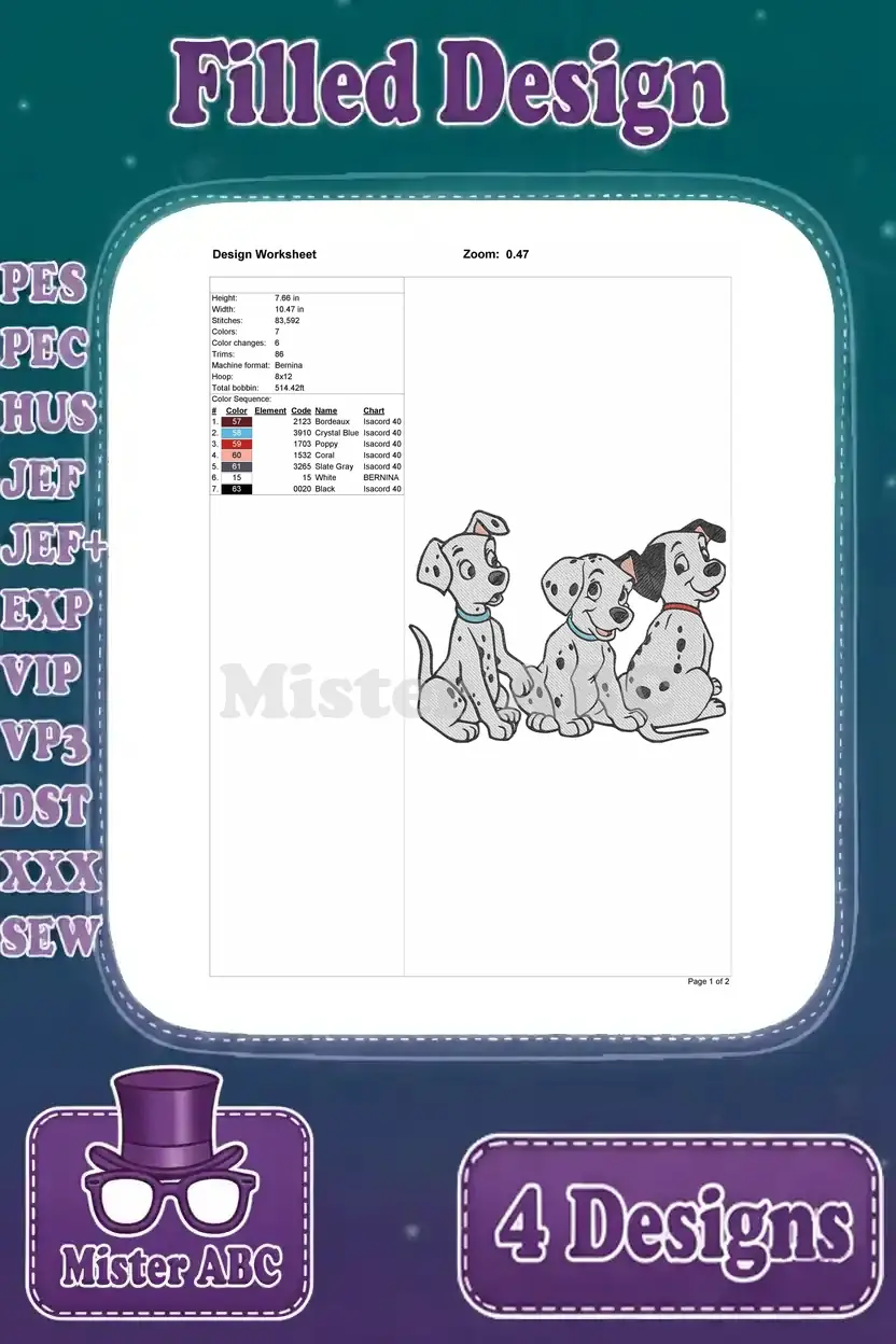Design worksheet for the second Dalmatian puppy embroidery design, detailing size, stitches, and thread colors.