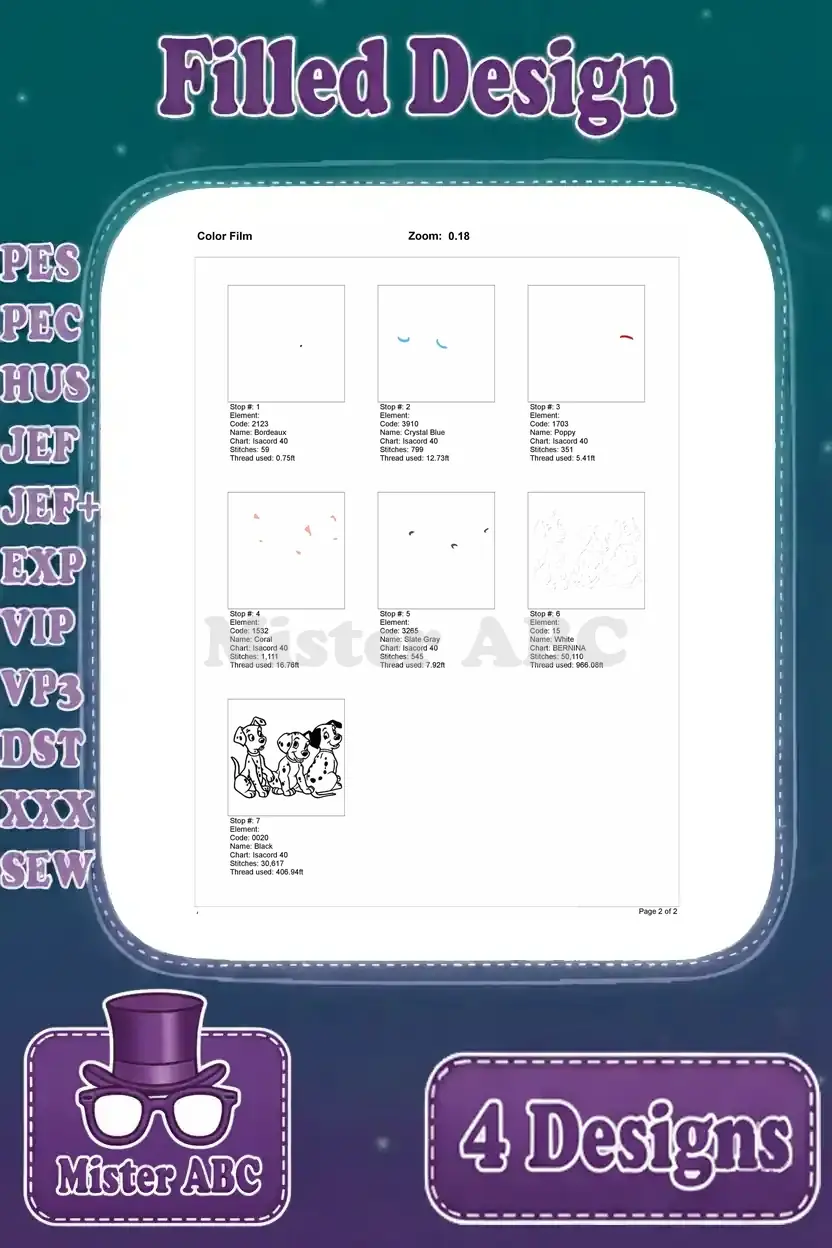 Color film breakdown for the second Dalmatian puppy embroidery design, illustrating the stitch progression by color.