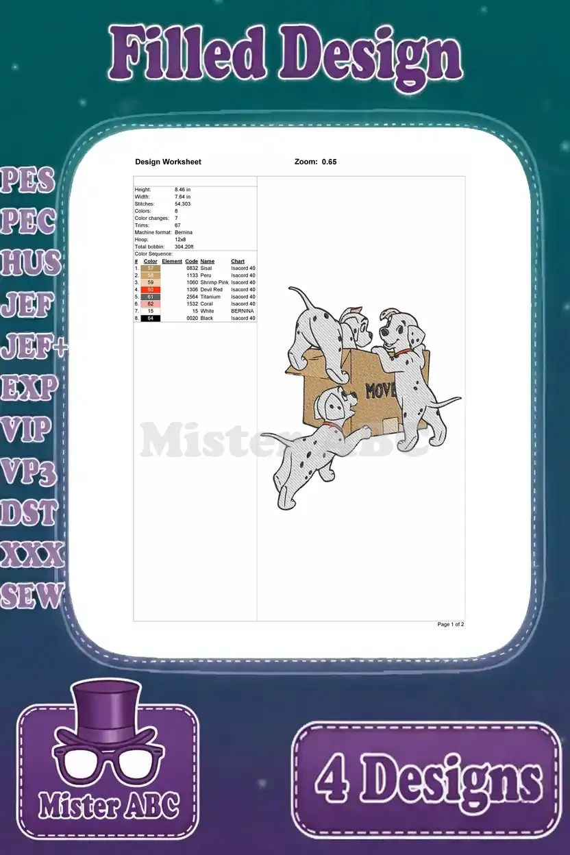 Design worksheet for the fourth Dalmatian puppy embroidery design, detailing size, stitches, and thread colors.
