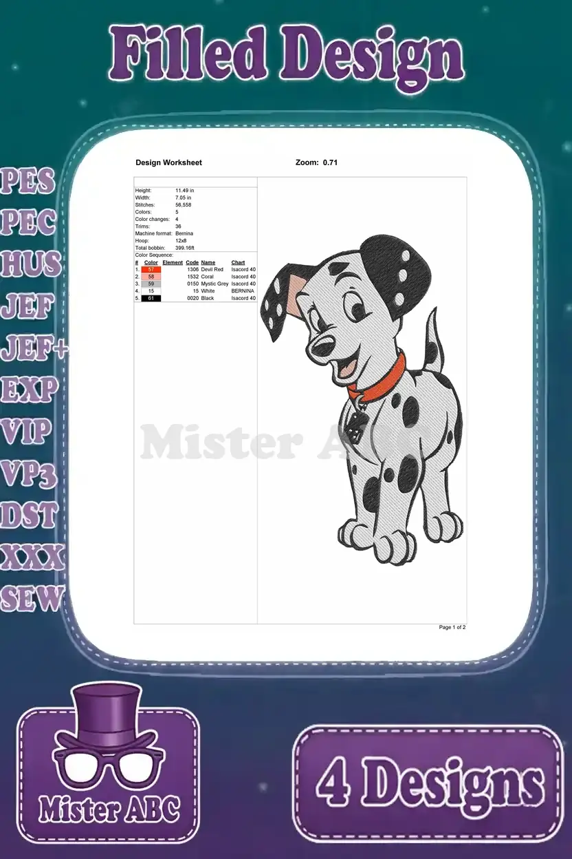 Detailed design worksheet for the fourth Dalmatian puppy embroidery, showing stitch count, size, and color sequence.