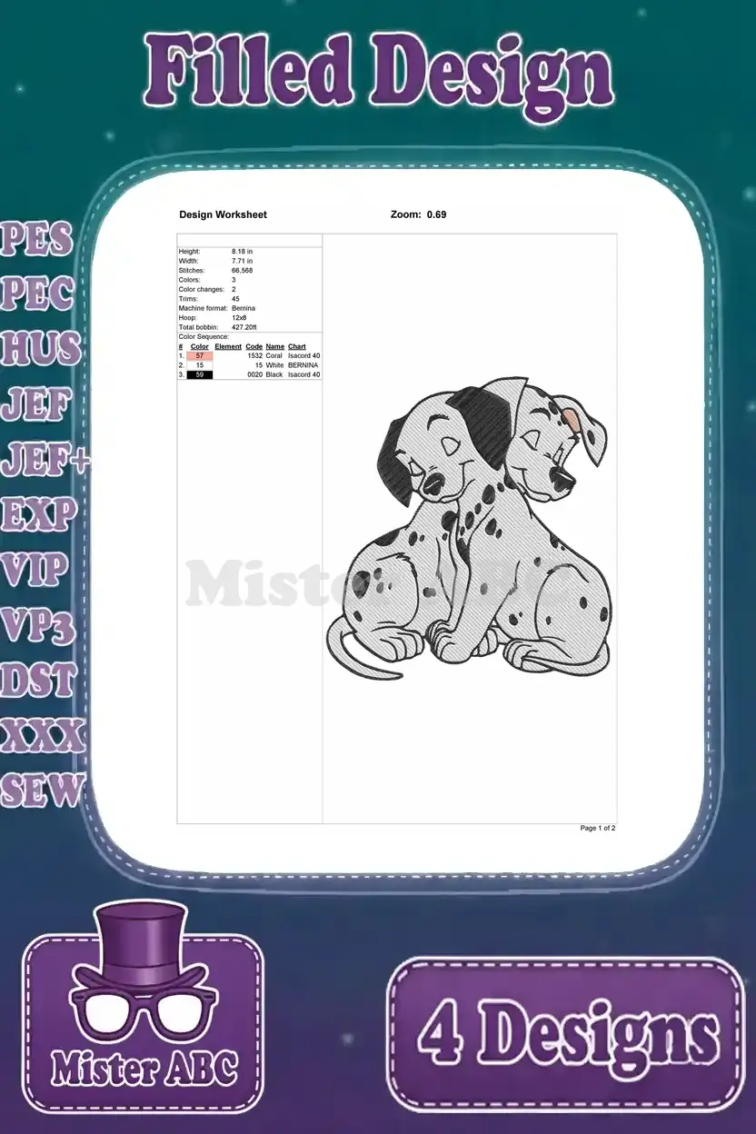 Detailed design worksheet for the first 101 Dalmatians filled embroidery design, showing two sitting puppies.