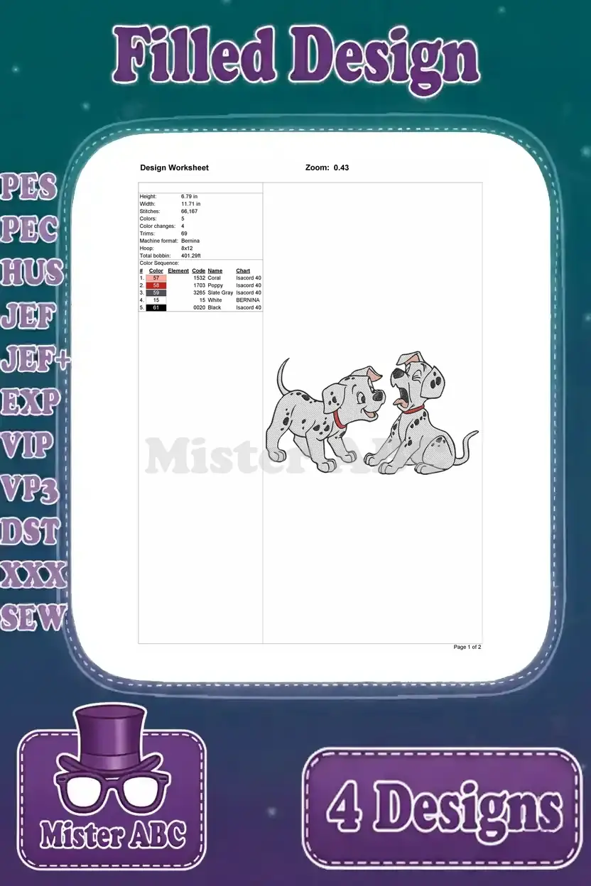Detailed design worksheet for the third 101 Dalmatians filled embroidery design, showing sitting puppies.