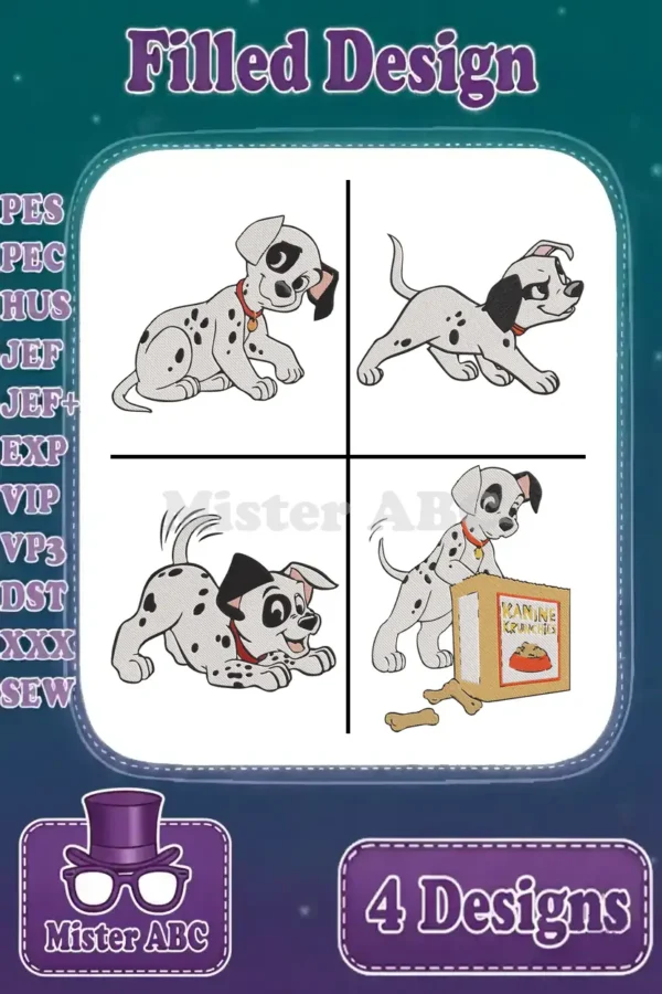 Four dynamic filled embroidery designs of cute Dalmatian puppies, each in a unique playful pose, ready for stitching.