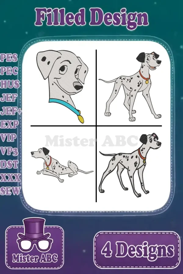 Four vibrant filled Dalmatian dog embroidery designs, showcasing various dynamic poses, perfect for fabric projects.