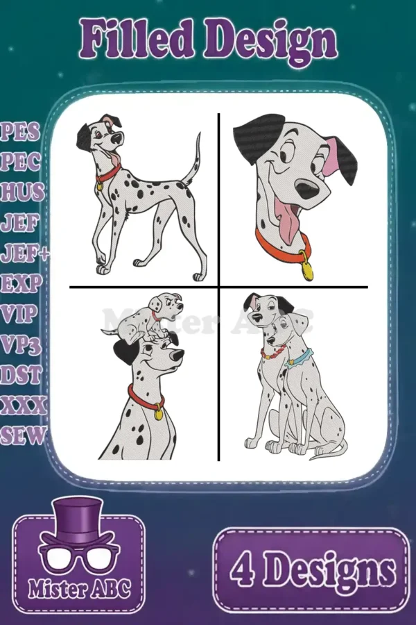 A collage of four unique filled embroidery designs featuring various poses of adorable Dalmatian characters for crafting.