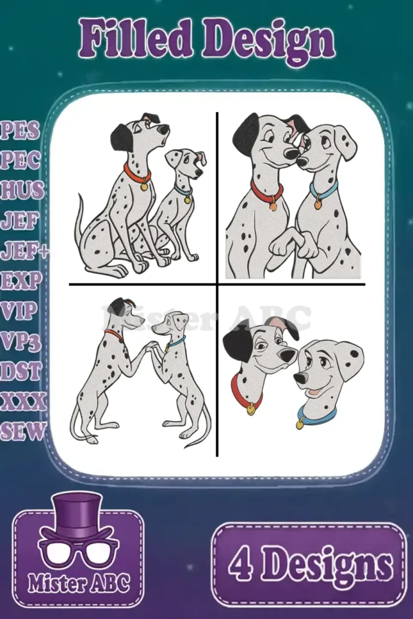 Overview of 4 filled Dalmatian embroidery designs, showcasing Pongo, Perdita, and puppies in various poses, with available file formats listed.