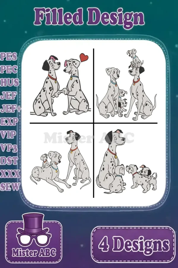 Captivating filled embroidery designs featuring Pongo, Perdita, and their adorable Dalmatian puppies in four heartwarming scenes.