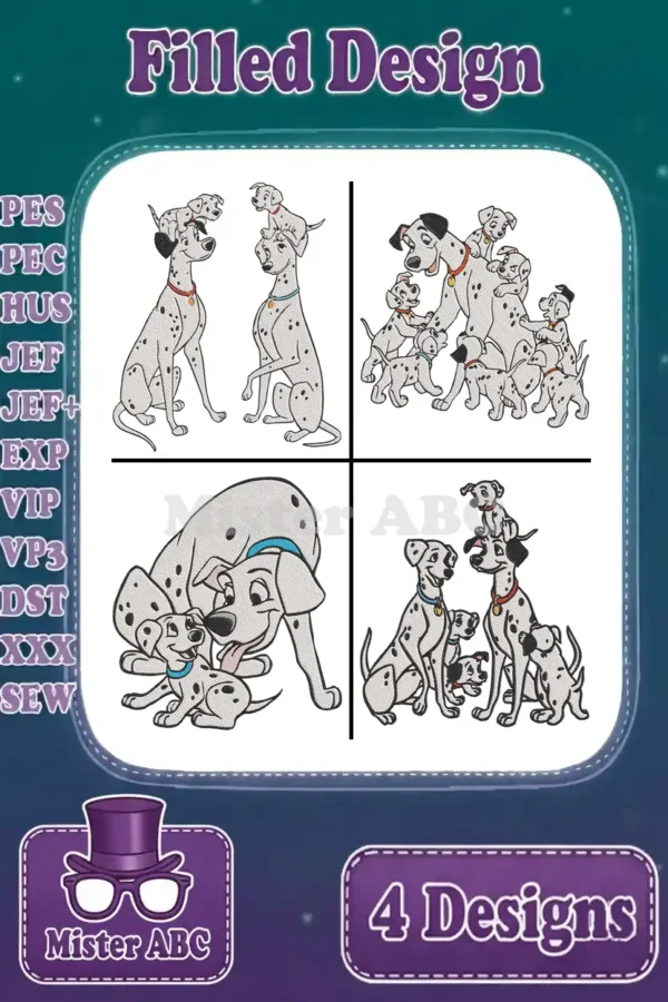 Main image showcasing a bundle of four distinct filled embroidery designs featuring Pongo, Perdita, and their playful Dalmatian puppies, ready for various machine formats.
