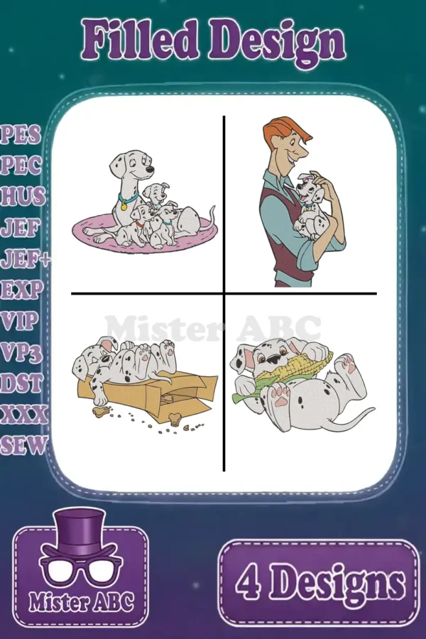 Four vibrant filled embroidery designs from 101 Dalmatians, featuring Perdita, Roger, and adorable puppies.