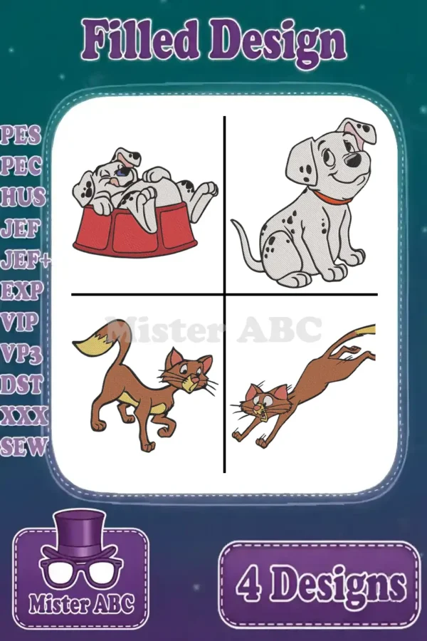 Main product image displaying a bundle of four filled embroidery designs: two playful Dalmatian puppies and two dynamic Tom Cat poses, with format list.