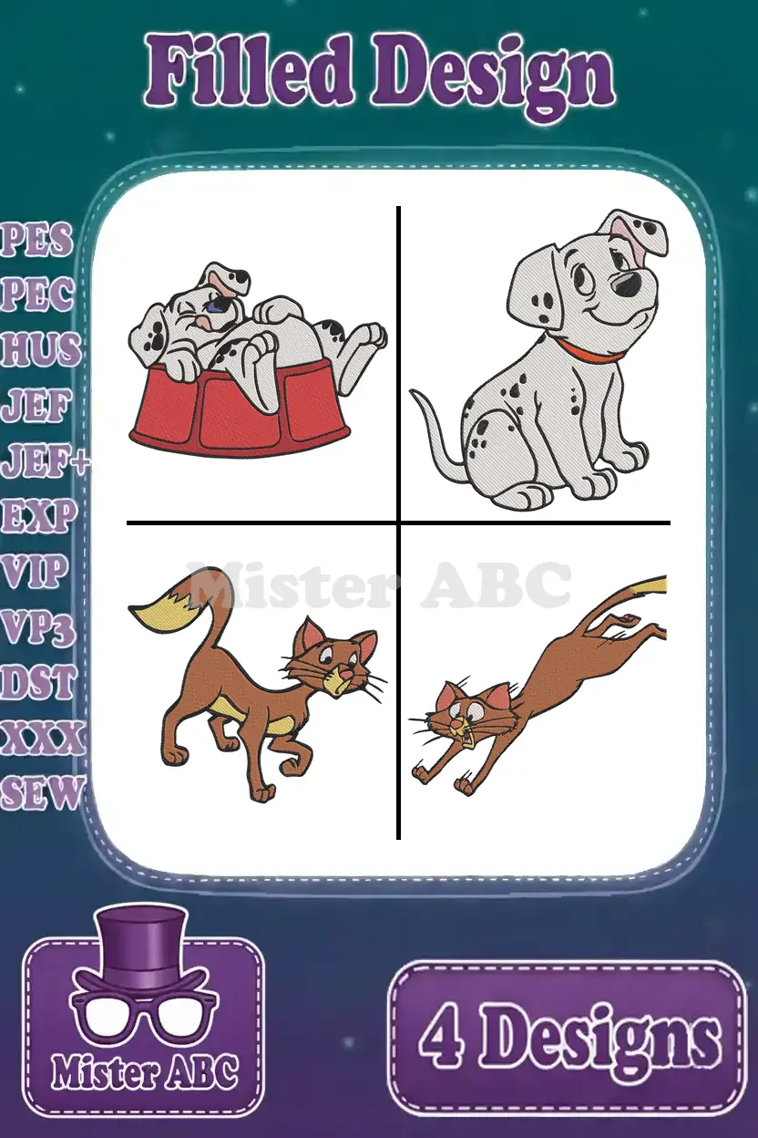 Main product image displaying a bundle of four filled embroidery designs: two playful Dalmatian puppies and two dynamic Tom Cat poses, with format list.