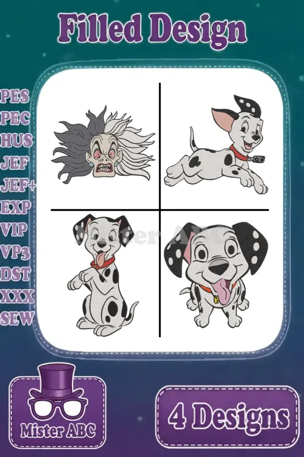 Four filled embroidery designs featuring Cruella de Vil and three distinct Dalmatian puppies, ready for various projects.