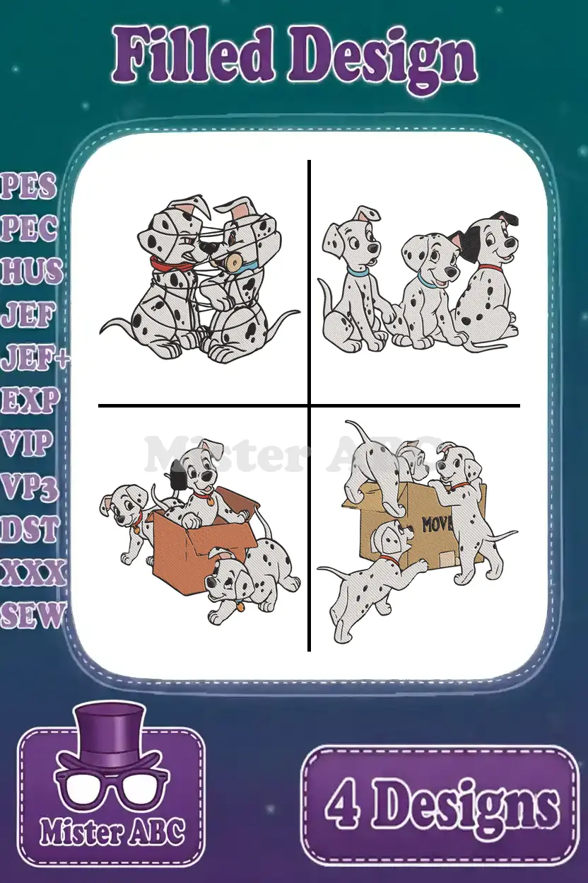 Main product image showing four distinct filled embroidery designs of playful Dalmatian puppies in a grid format.