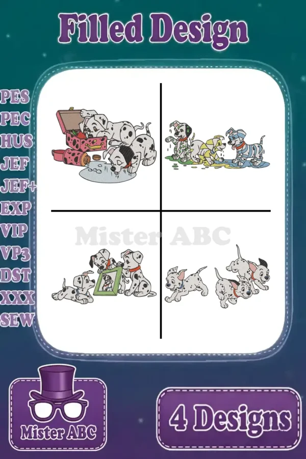 A vibrant compilation of four filled embroidery designs showcasing playful Dalmatian puppies in various charming scenes.