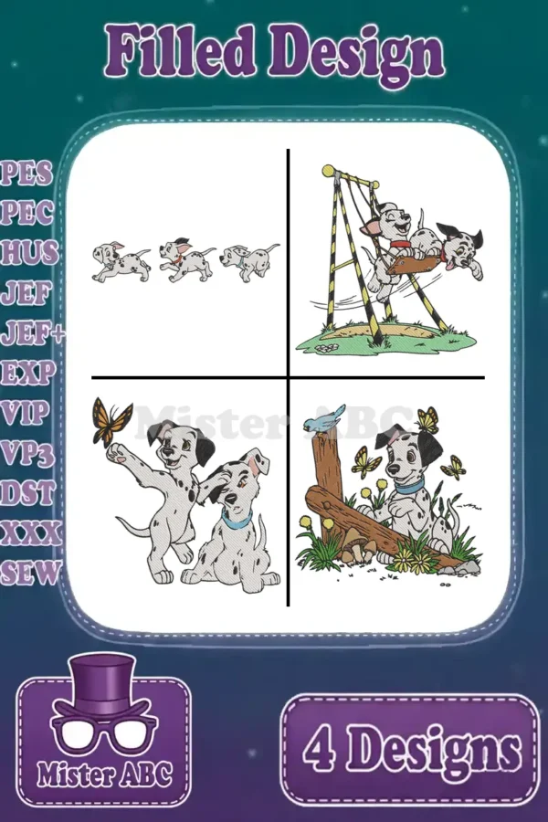 A vibrant display of four filled embroidery designs featuring playful Dalmatian puppies in various charming poses, ready to stitch.