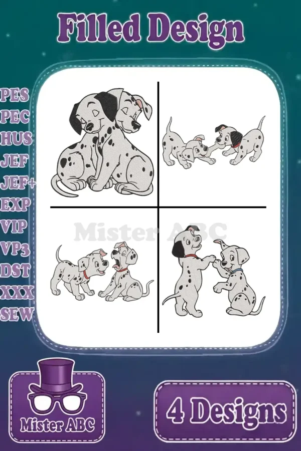 Four distinct filled embroidery designs of playful 101 Dalmatians puppies, bundled for versatile crafting projects.