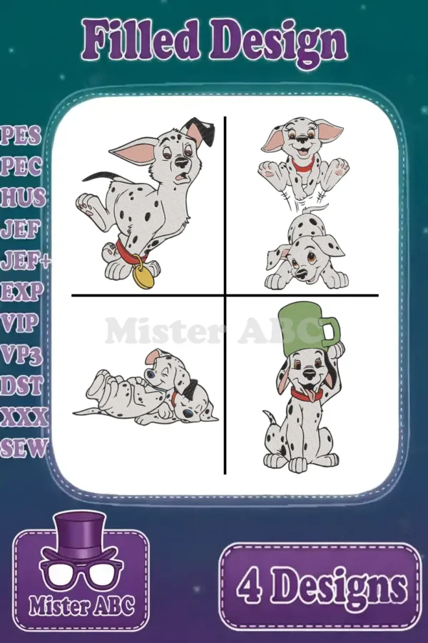Main product image displaying a bundle of four distinct, filled Dalmatian puppy embroidery designs from Mister ABC.