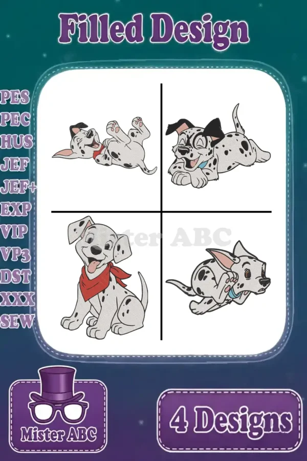 Four charming filled embroidery designs of playful Dalmatian puppies, ready for diverse crafting projects. Multiple formats included.