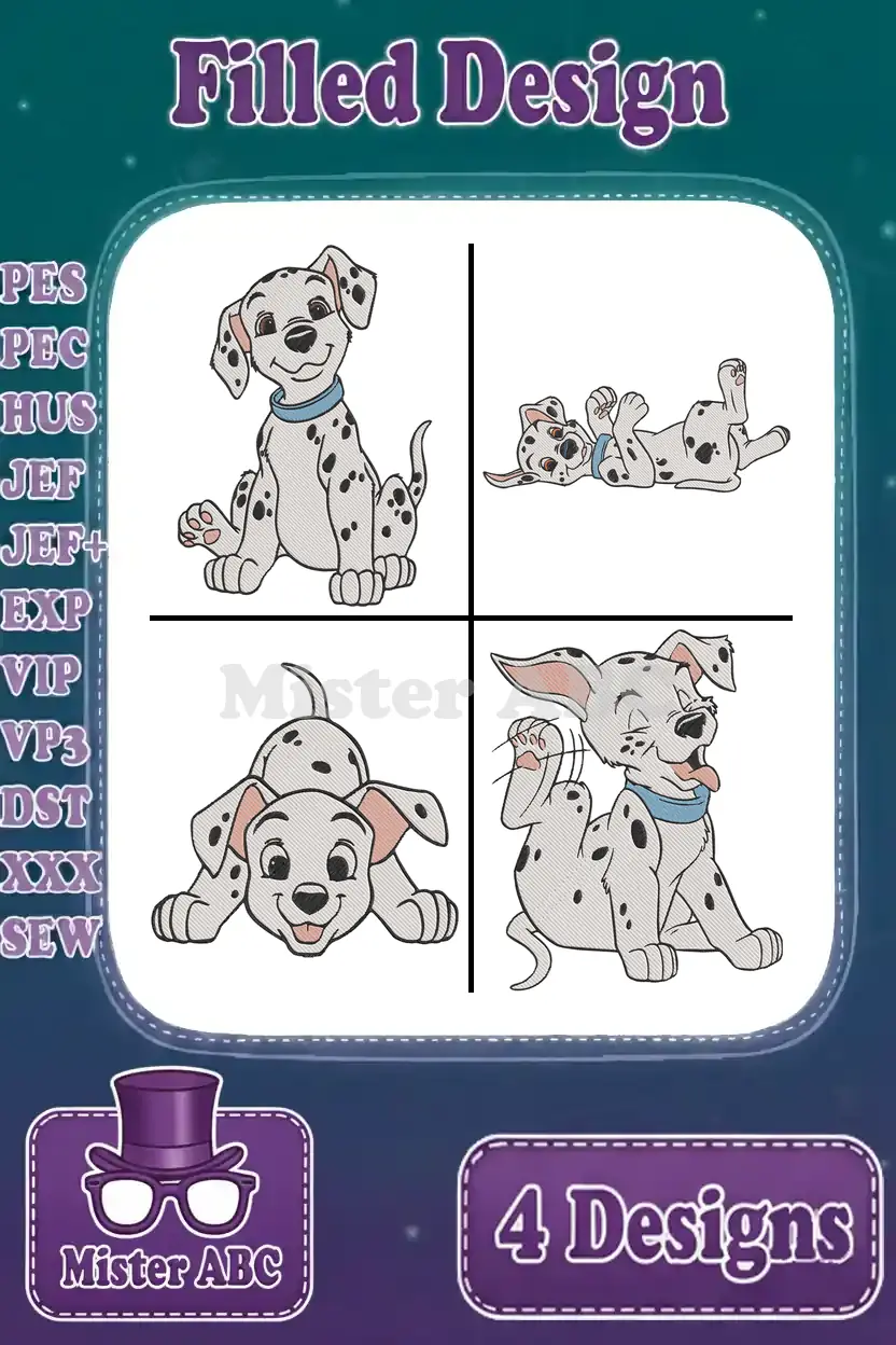 A vibrant collage showcasing four distinct filled embroidery designs of an adorable Dalmatian puppy in various playful poses.
