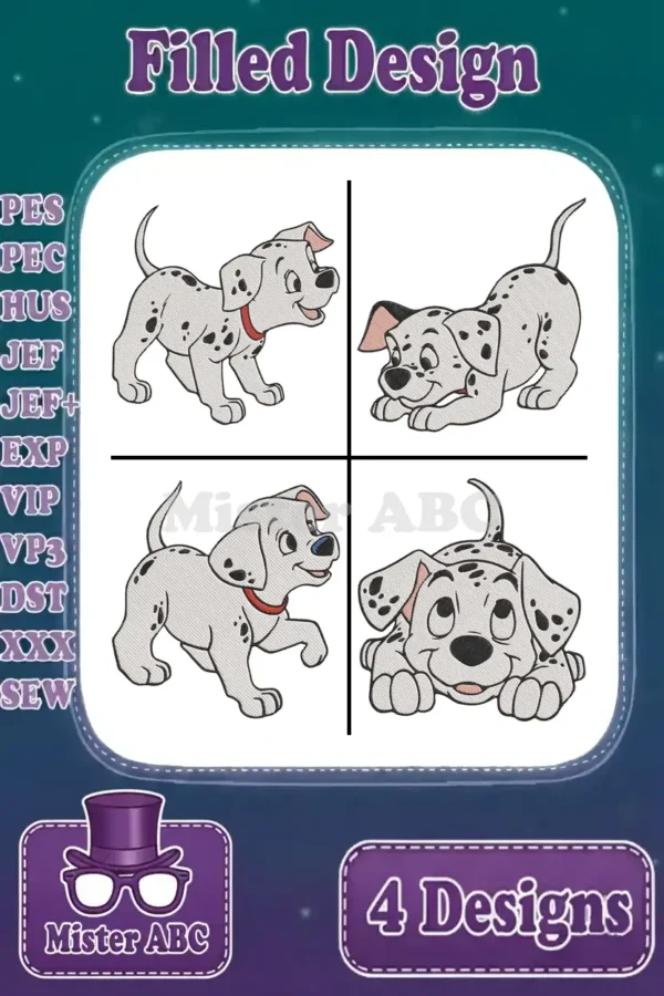 Four playful Dalmatian puppy embroidery designs bundled together, showcasing various poses in a vibrant filled stitch style.