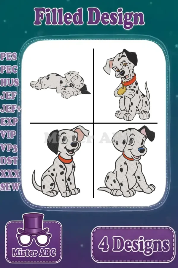 A vibrant main image showcasing four adorable filled embroidery designs of Dalmatian puppies in various playful poses.