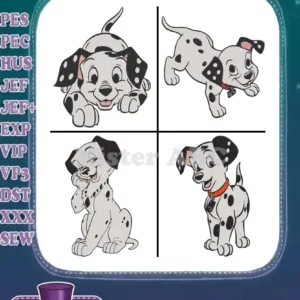 Four charming filled embroidery designs of Dalmatian puppies in various playful poses, showcasing stitch details.