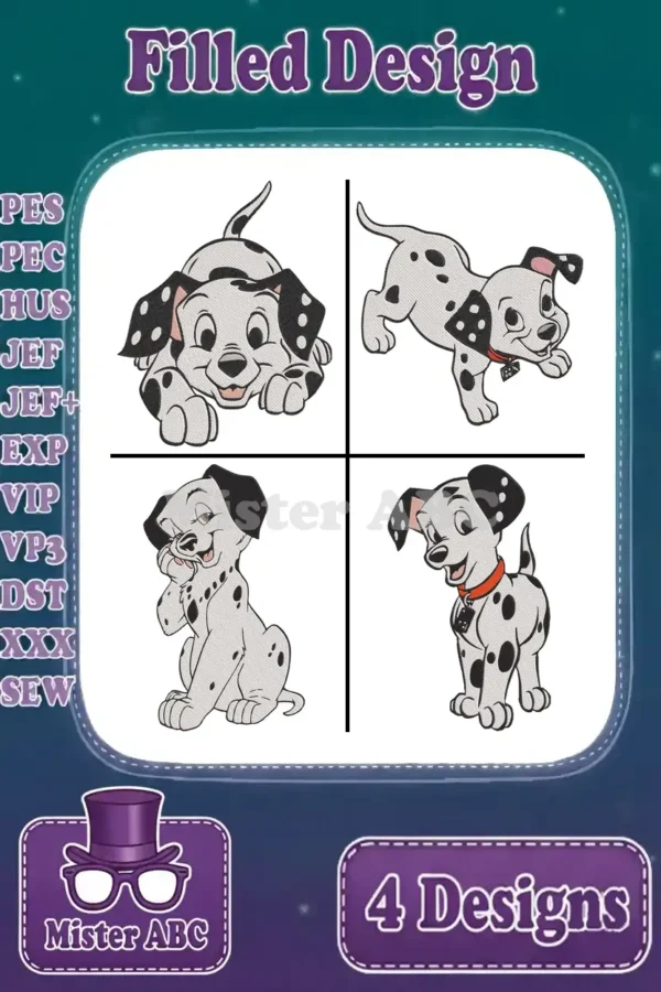 Four charming filled embroidery designs of Dalmatian puppies in various playful poses, showcasing stitch details.