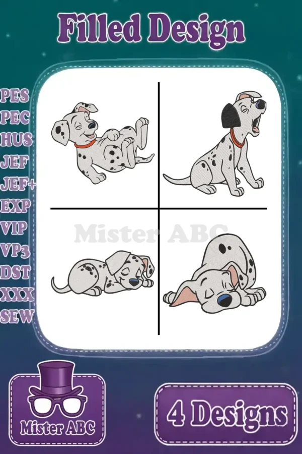 A vibrant display of four unique filled embroidery designs featuring playful and adorable Dalmatian puppies.
