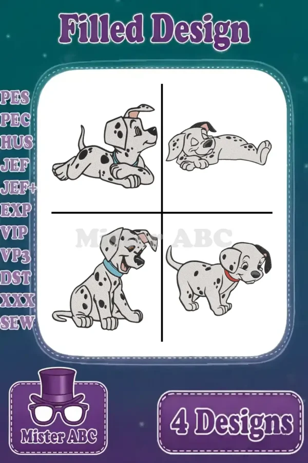 Four charming filled embroidery designs of Dalmatian puppies in different playful poses, ready for various projects.