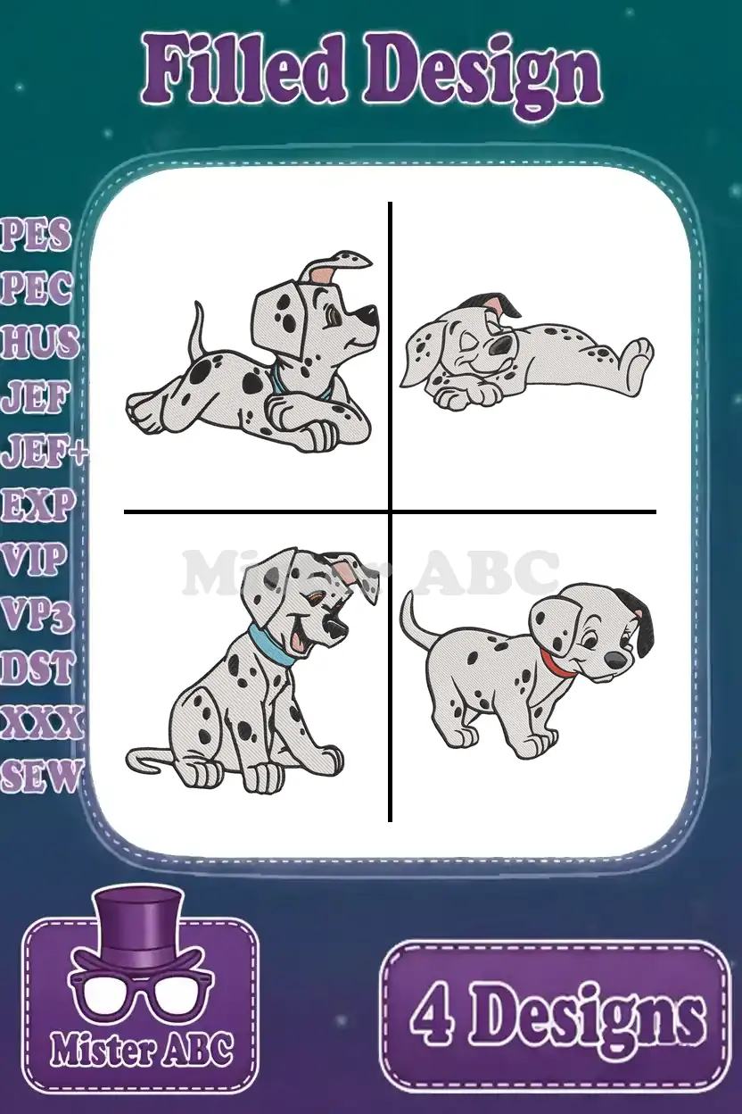 Four charming filled embroidery designs of Dalmatian puppies in different playful poses, ready for various projects.