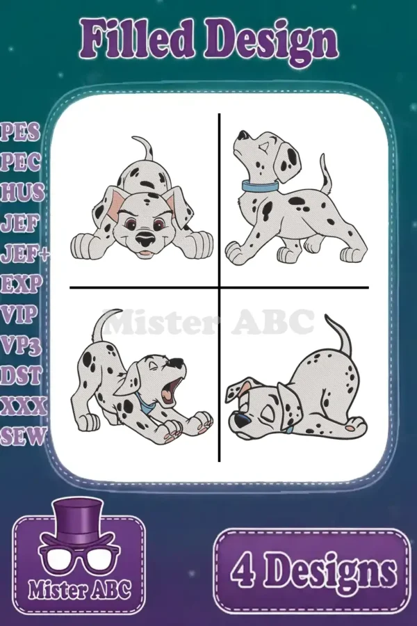 Bundle of four filled embroidery designs featuring adorable Dalmatian puppies in playful poses, showcasing various file formats.