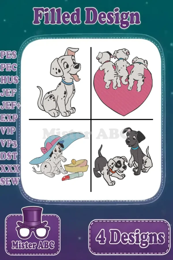A vibrant collage showcasing four distinct 101 Dalmatians filled embroidery designs, highlighting included file formats.