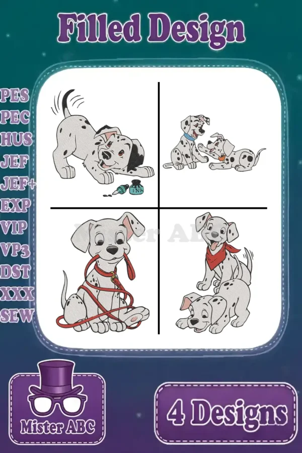Four vibrant filled embroidery designs of playful Dalmatian puppies, ready to be stitched onto various projects and garments.