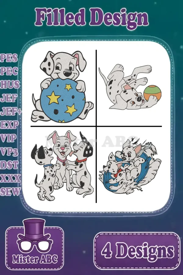 This main product image displays a bundle of four adorable filled embroidery designs featuring playful Dalmatian puppies.