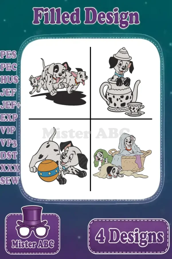 A collection of four adorable filled Dalmatian puppy embroidery designs displayed in a clean, organized grid layout.