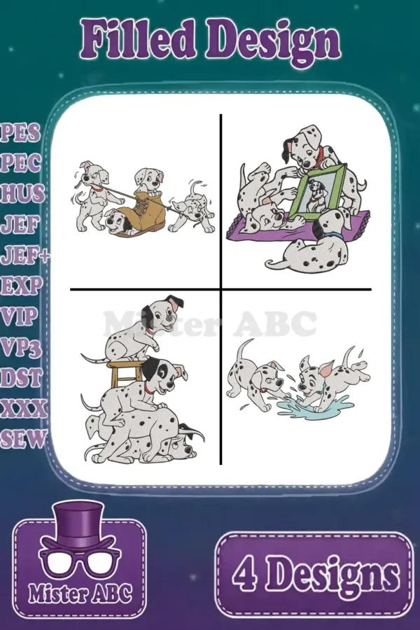 Collection of four vibrant filled embroidery designs featuring playful Dalmatian puppies in various charming activities.