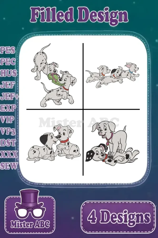 Four delightful filled embroidery designs featuring playful Dalmatian puppies, ready for various creative projects.