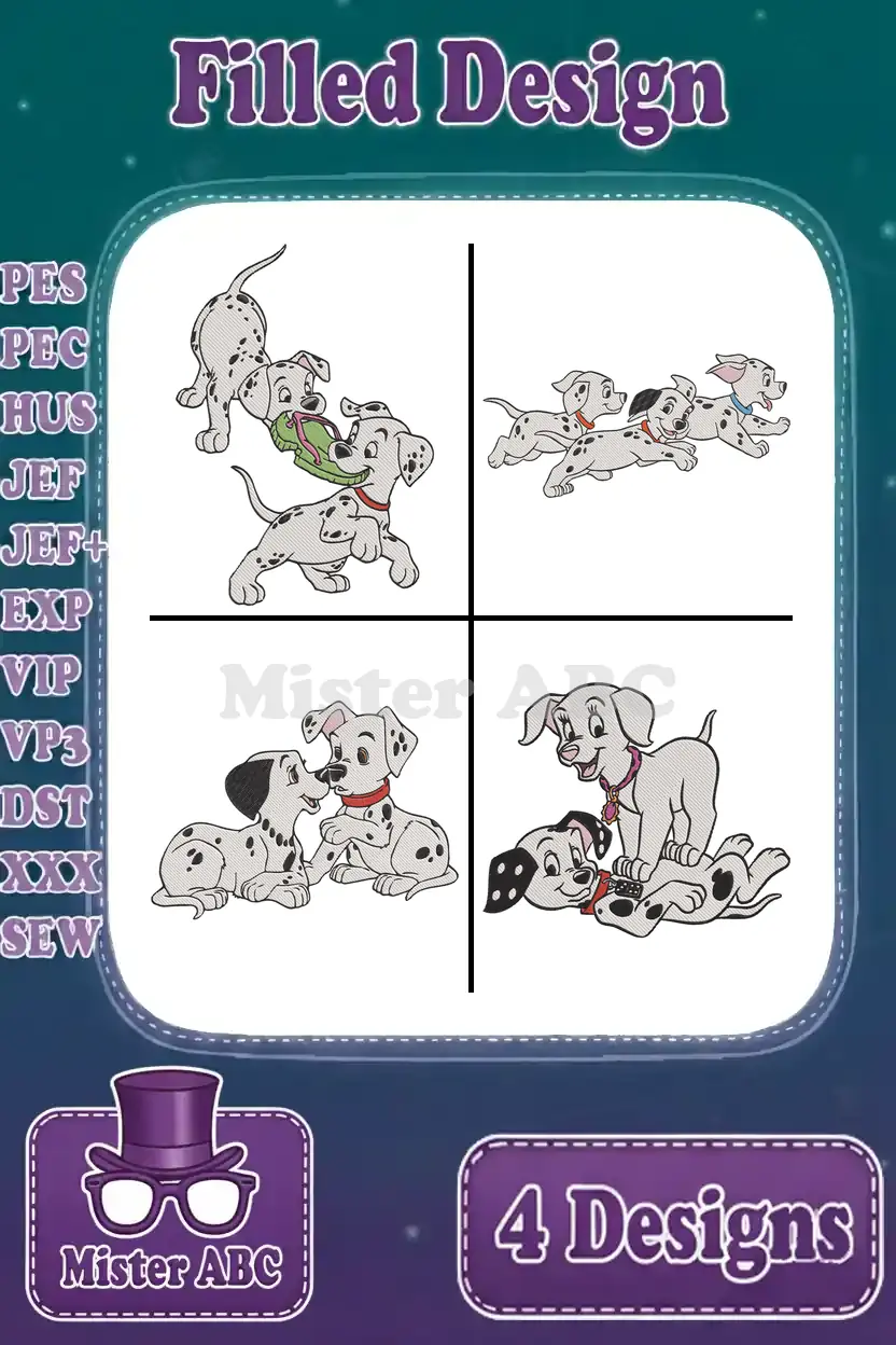 Four delightful filled embroidery designs featuring playful Dalmatian puppies, ready for various creative projects.