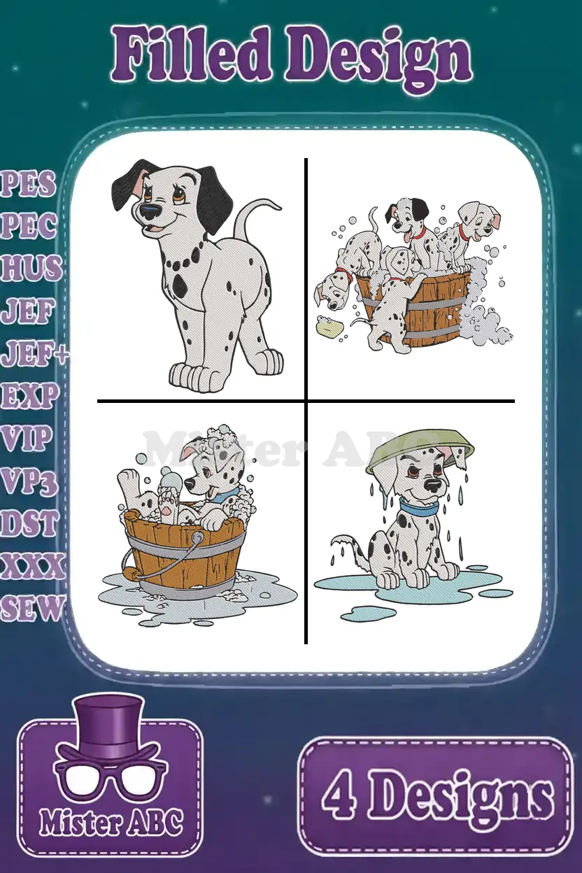 A compilation of four vibrant filled embroidery designs featuring cute Dalmatian puppies, ready for machine stitching.